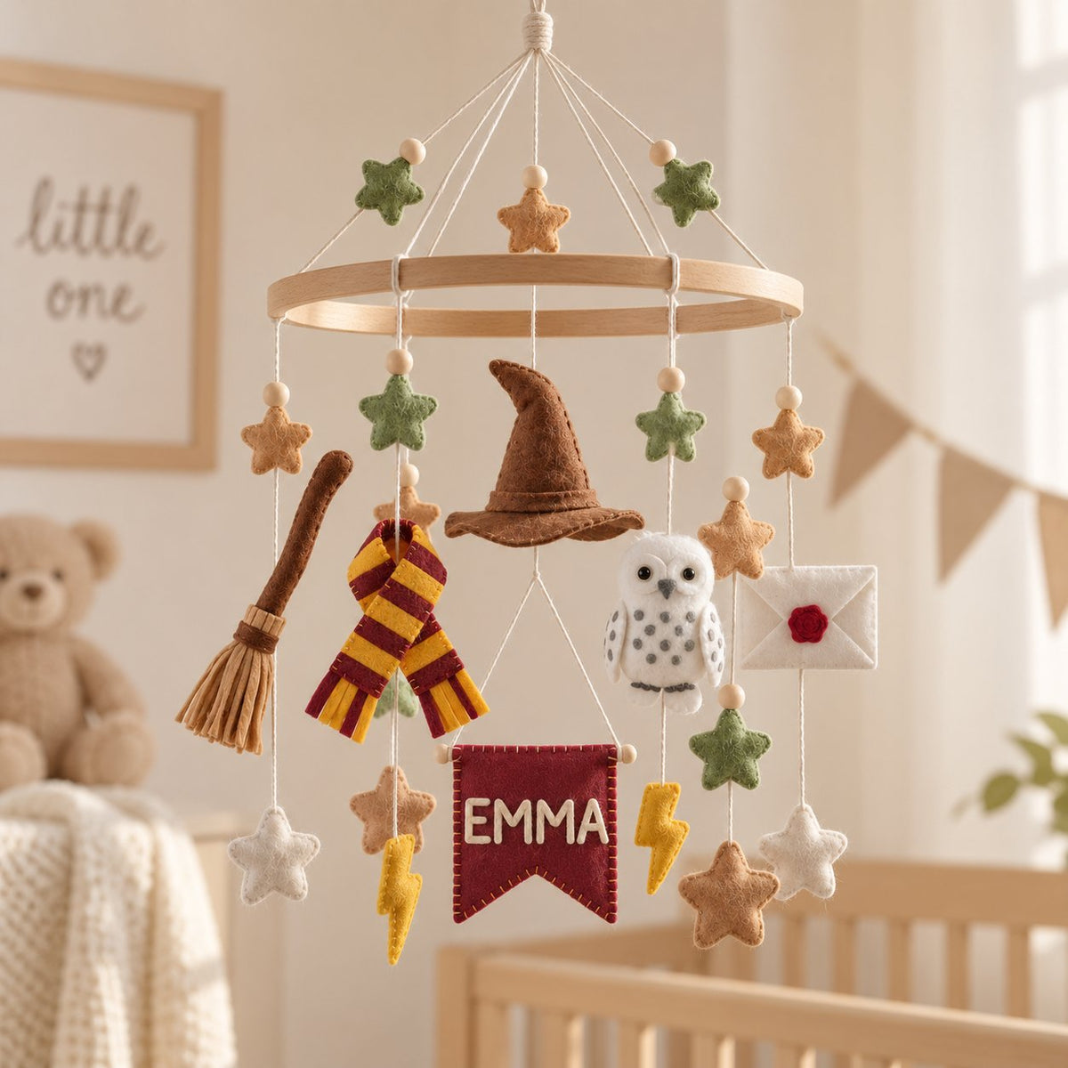 Personalized Wizard Felt Baby Mobile, Handmade Felt Crib Mobile with Magic Hat Owl and Stars, Fantasy Nursery Decor, Personalized Baby Gift BBMB47