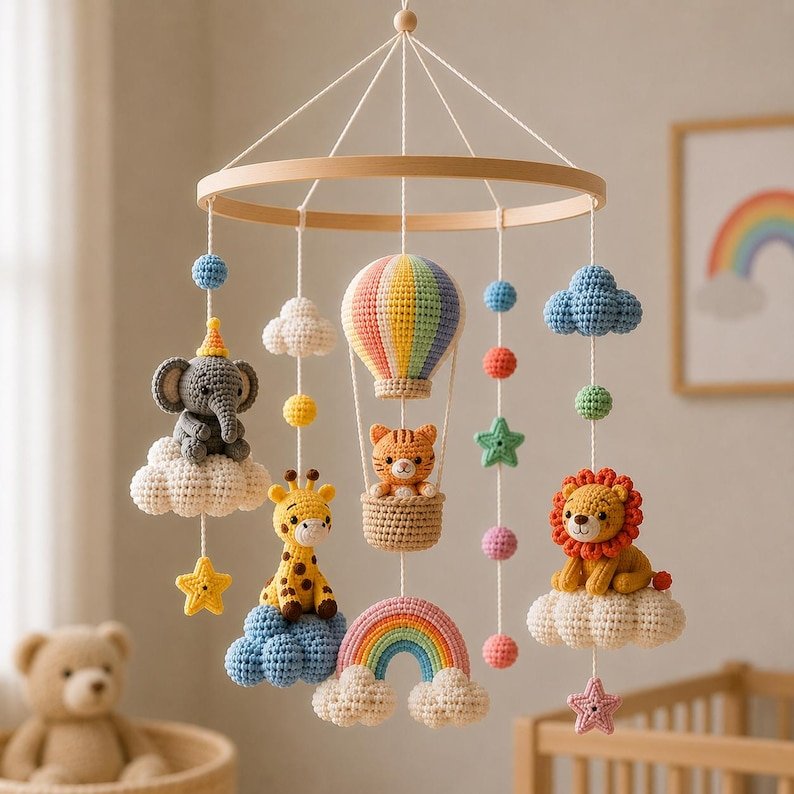 Rainbow Safari Hot Air Balloon Baby Crib Mobile, Handmade Crochet Safari Animals Mobile, Lion Giraffe Elephant Nursery Decor, Rainbow Baby Shower Gift CrochetBBM27