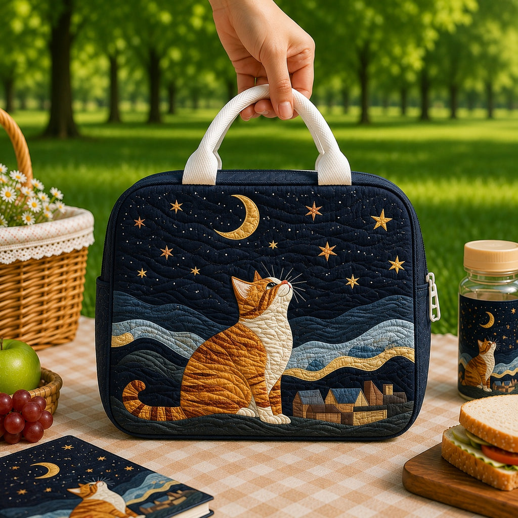 Cat Starry Night Quilted Lunch Bag, Insulated Quilted Lunch Tote, Cat Lunch Bag, Custom Lunch Bag, Back To School Bag, Picnic Bag, Reusable Lunch Tote QLB31
