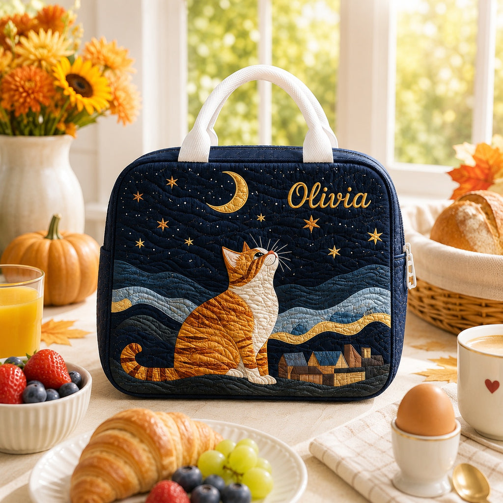 Cat Starry Night Quilted Lunch Bag, Insulated Quilted Lunch Tote, Cat Lunch Bag, Custom Lunch Bag, Back To School Bag, Picnic Bag, Reusable Lunch Tote QLB31
