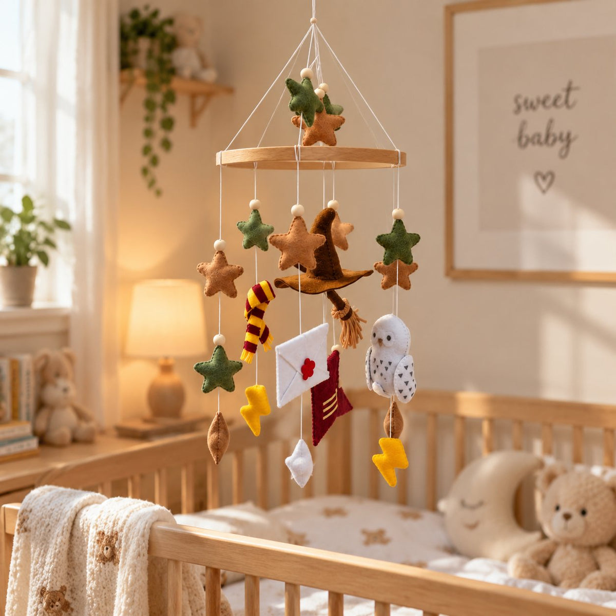 Personalized Wizard Felt Baby Mobile, Handmade Felt Crib Mobile with Magic Hat Owl and Stars, Fantasy Nursery Decor, Personalized Baby Gift BBMB47