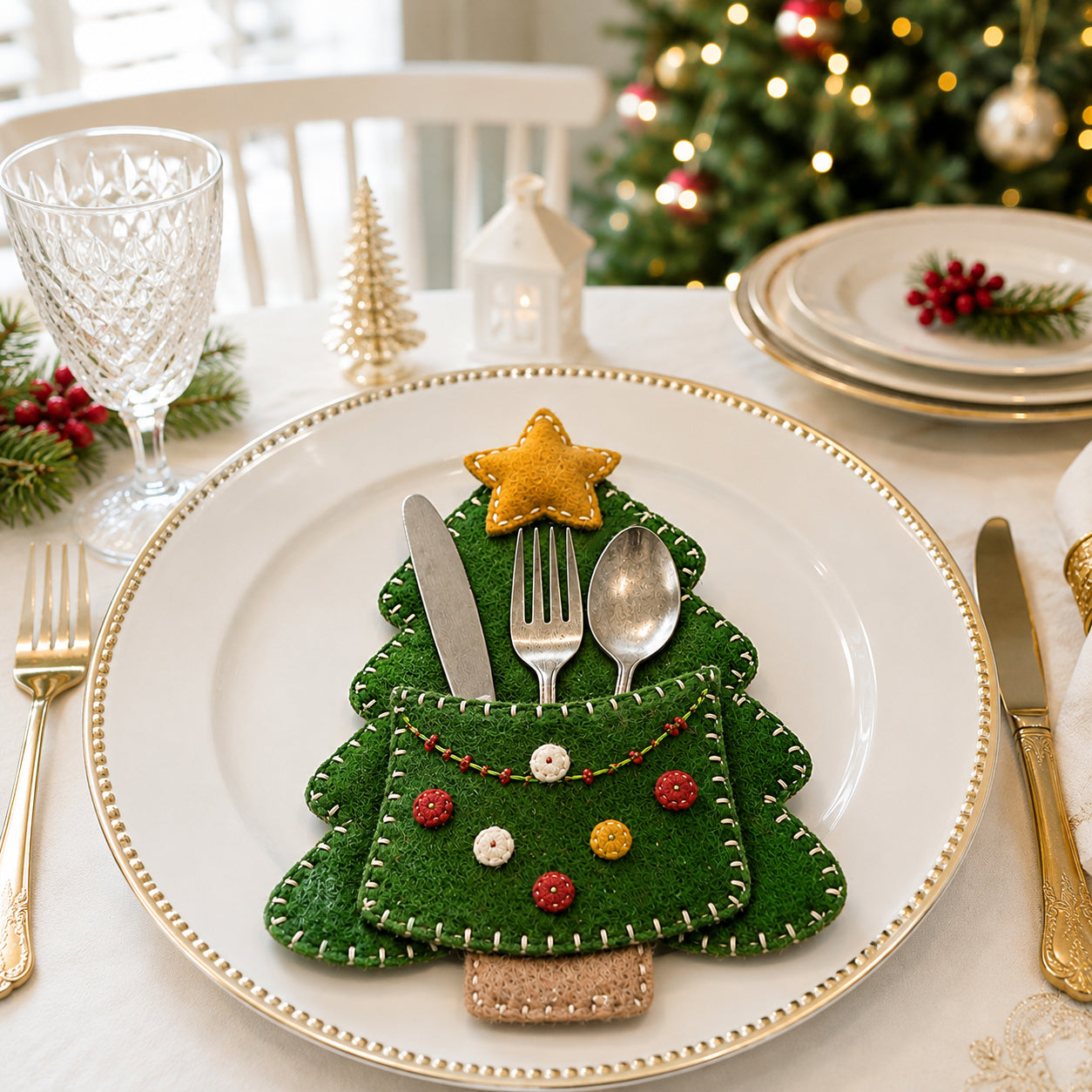 Christmas Tree Felt Silverware Holder, Holiday Cutlery Pocket, Xmas Table Decor, Festive Dining Decor FELTCH29