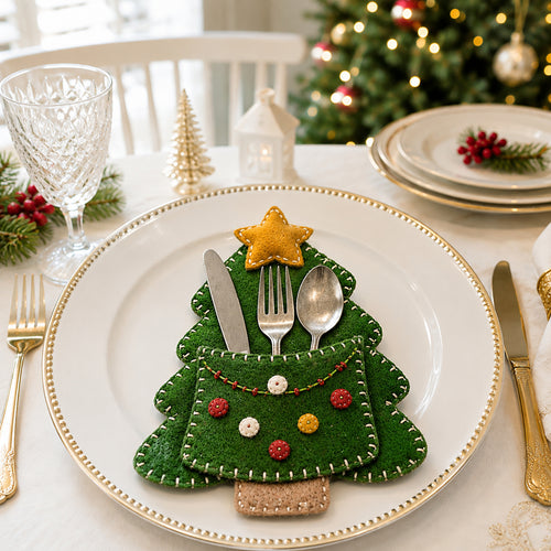 Christmas Tree Felt Silverware Holder, Holiday Cutlery Pocket, Xmas Table Decor, Festive Dining Decor FELTCH29