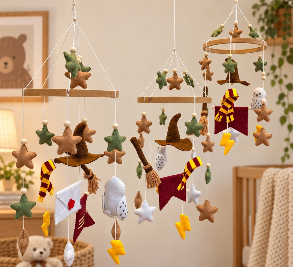 Personalized Wizard Felt Baby Mobile, Handmade Felt Crib Mobile with Magic Hat Owl and Stars, Fantasy Nursery Decor, Personalized Baby Gift BBMB47