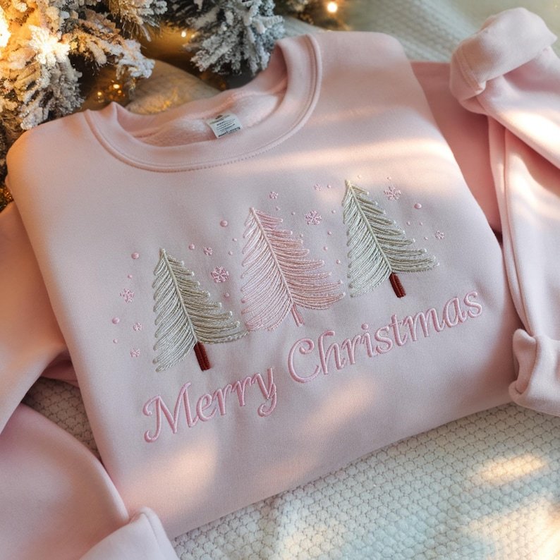 Merry Christmas Sweatshirt, Embroidered Christmas Tree Holiday Crewneck, Cozy Winter Gift XMASS20