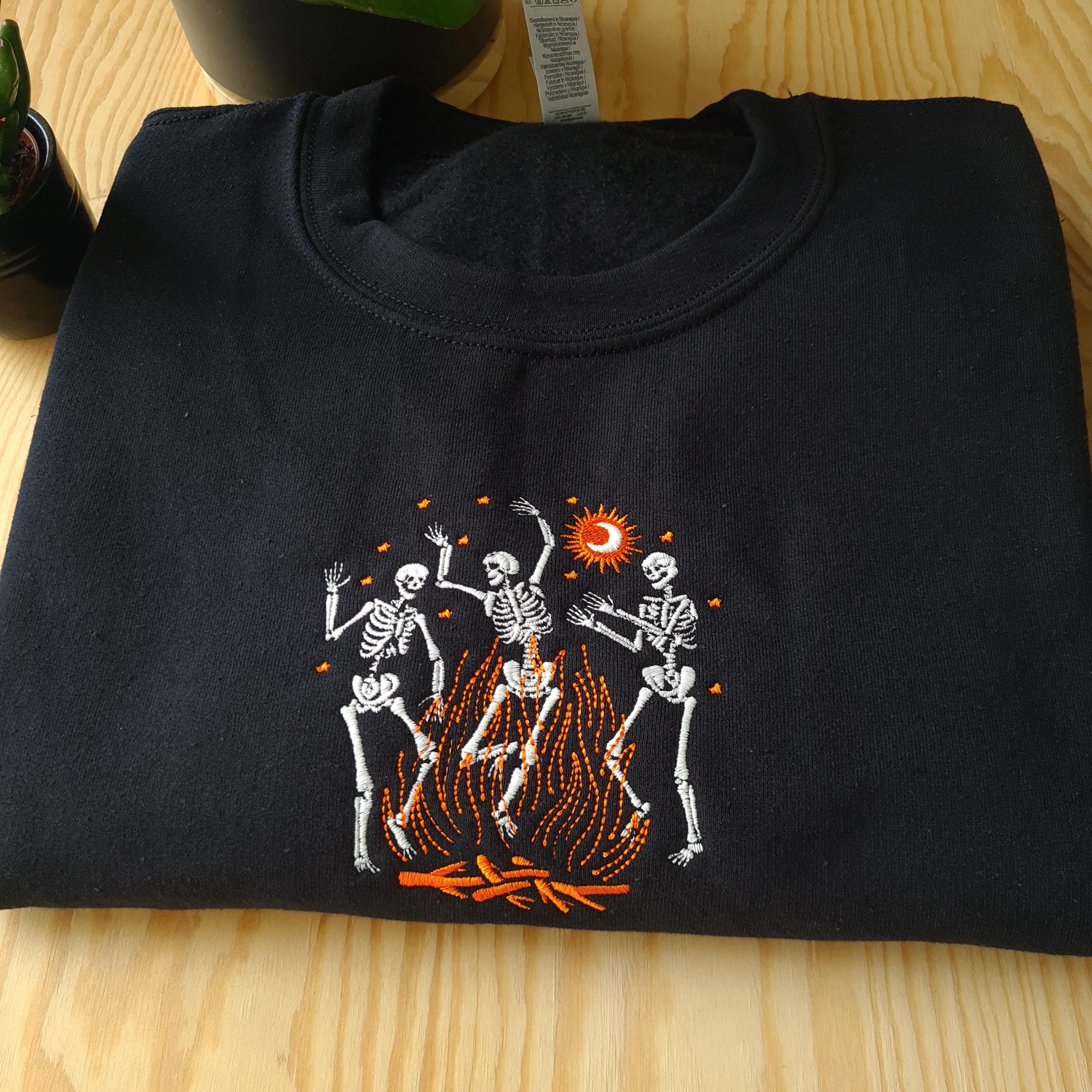 Embroidered Sweatshirt, Dancing Skeleton Halloween Jumper, Vintage Halloween Hoodie, Embroidered Glow Skeleton Jumper, Skeleton Crewneck
