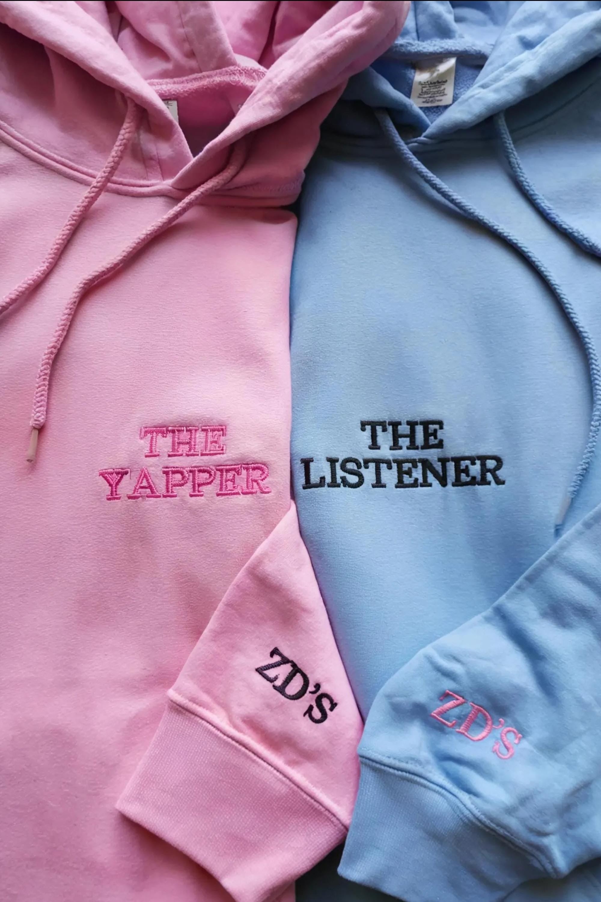 The Yapper and The Listener Hoodie, Matching Couple Hoodies, Funny Embroidered Text Sweatshirt, Valentine Gift for Couples