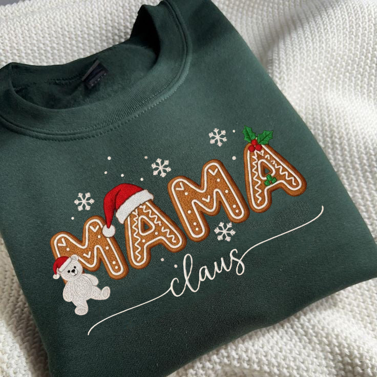 Mama Claus Christmas Sweatshirt, Gingerbread Cookie Letter Sweater, Cute Holiday Outfit for Mom, Festive Cozy Top