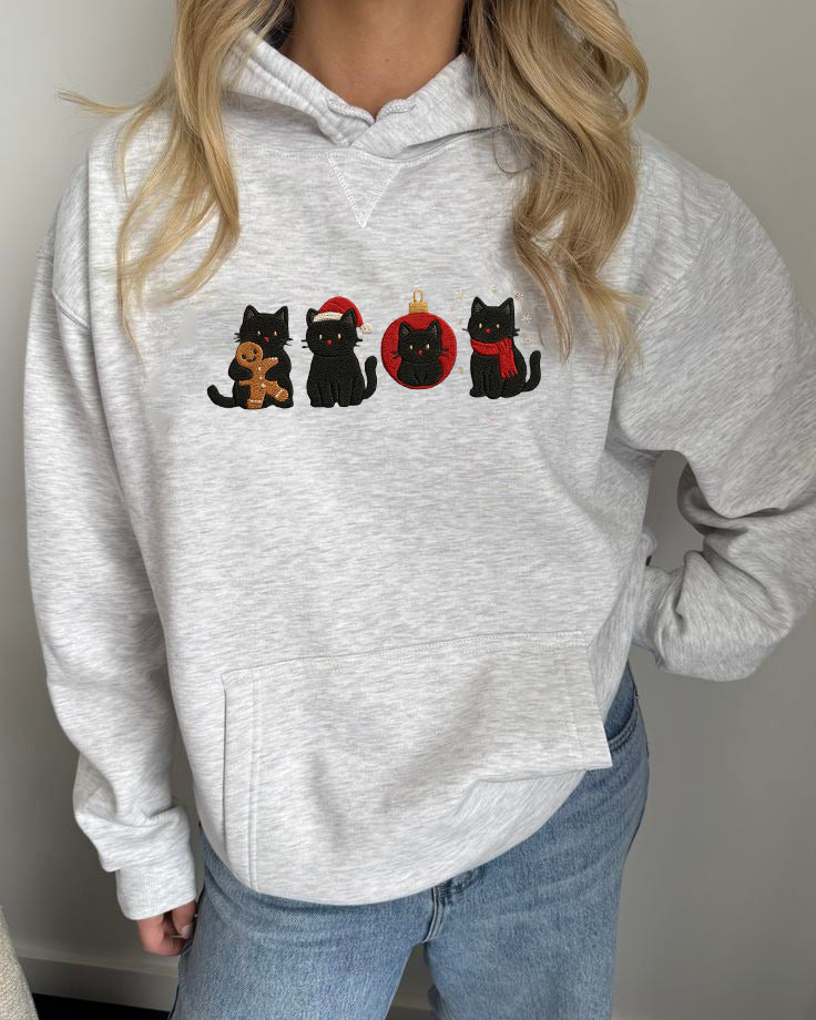 Christmas Black Cats Embroidered Sweatshirt, Cute Holiday Cat Lover Sweater, Festive Kitty Crewneck, Funny Xmas Gift, Cozy Winter Pet Shirt