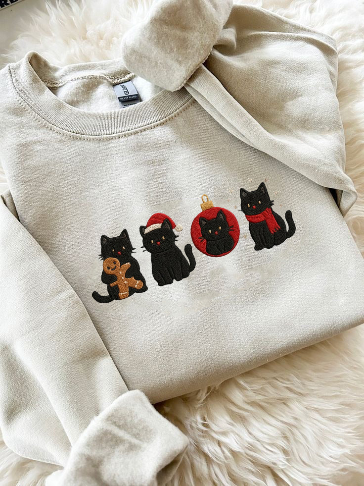 Christmas Black Cats Embroidered Sweatshirt, Cute Holiday Cat Lover Sweater, Festive Kitty Crewneck, Funny Xmas Gift, Cozy Winter Pet Shirt