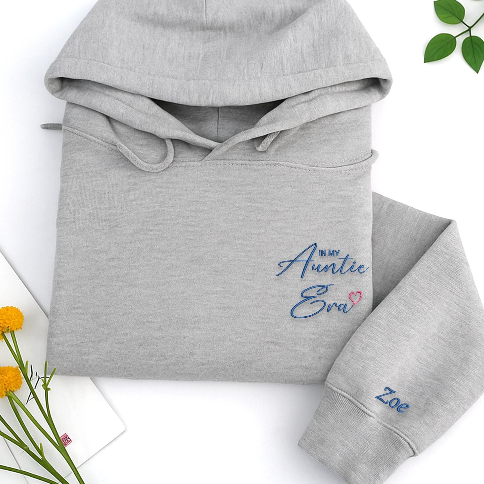In My Auntie Era Embroidered Hoodie, Custom Auntie Sweatshirt with Kids' Names on Sleeve, Personalized Auntie Gift for Fall & Holiday Season