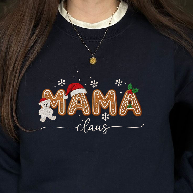Mama Claus Christmas Sweatshirt, Gingerbread Cookie Letter Sweater, Cute Holiday Outfit for Mom, Festive Cozy Top