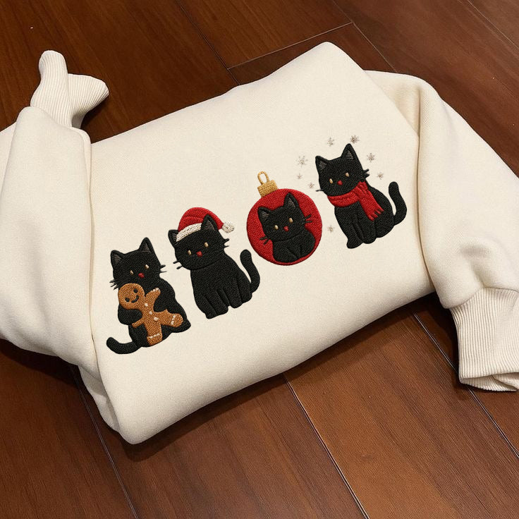 Christmas Black Cats Embroidered Sweatshirt, Cute Holiday Cat Lover Sweater, Festive Kitty Crewneck, Funny Xmas Gift, Cozy Winter Pet Shirt
