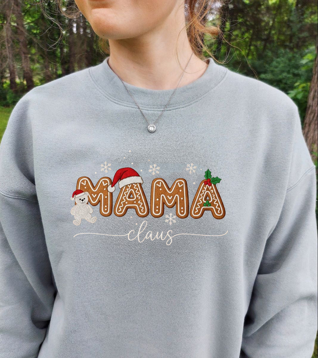 Mama Claus Christmas Sweatshirt, Gingerbread Cookie Letter Sweater, Cute Holiday Outfit for Mom, Festive Cozy Top