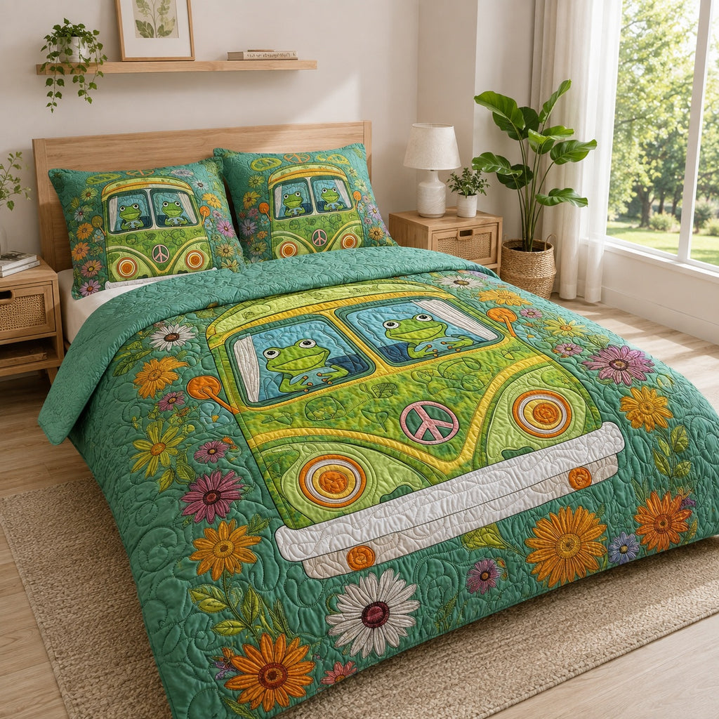Frog Hippie Van Quilted Bedding Set, Cute Frog Flower Peace Van Quilt with Pillow Covers, Retro Groovy Bedroom Decor QBEDSET29