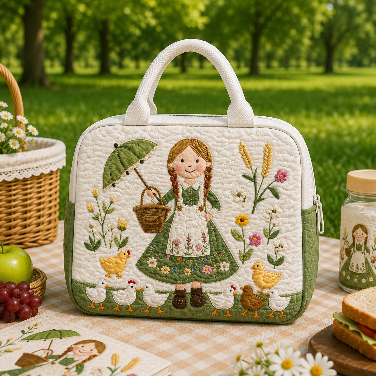 Farm Girl Quilted Lunch Bag, Insulated Quilted Lunch Tote, Farm Lunch Bag, Custom Lunch Bag, Back To School Bag, Picnic Bag, Reusable Lunch Tote QLB32