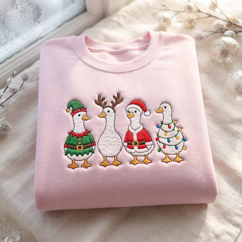 Embroidered Christmas Goose Sweatshirt, Funny Holiday Duck Crewneck, Santa Goose Shirt, Festive Winter Apparel, Xmas Animal Gift XMASS21