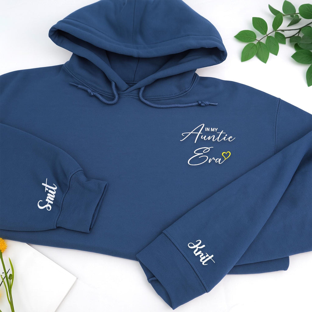 In My Auntie Era Embroidered Hoodie, Custom Auntie Sweatshirt with Kids' Names on Sleeve, Personalized Auntie Gift for Fall & Holiday Season