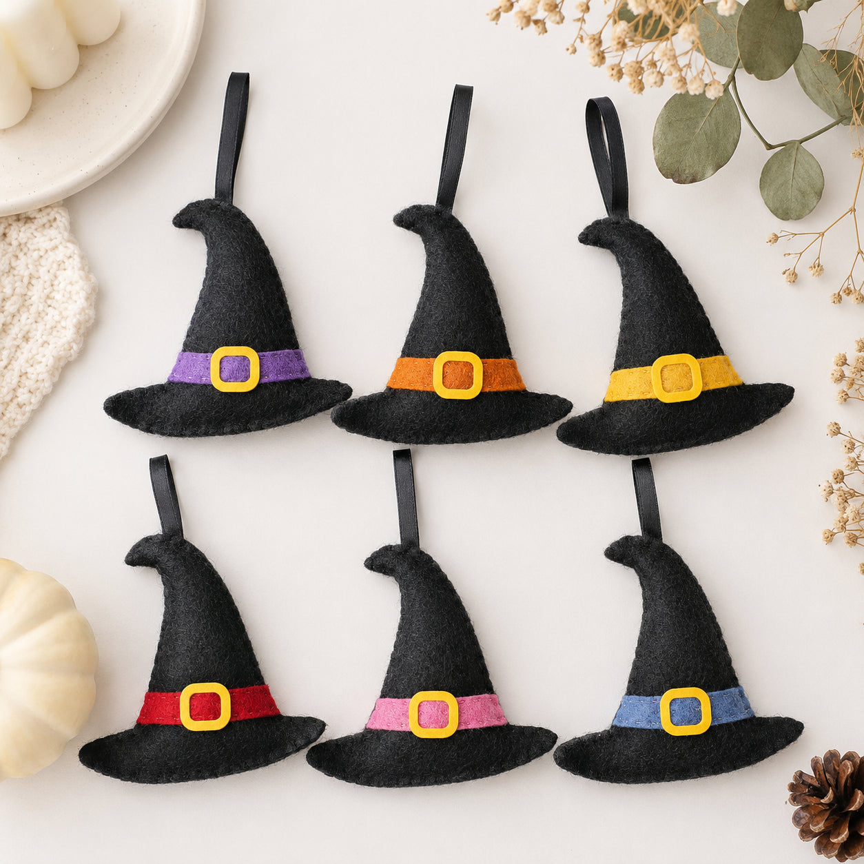 Set 6Pcs Halloween Witch Hat Felt Ornament Set, Mini Hanging Witch Hat Decorations, Colorful Halloween Tree Ornaments, Handmade Spooky Holiday Decor, Halloween Party Gift Set HFOR09