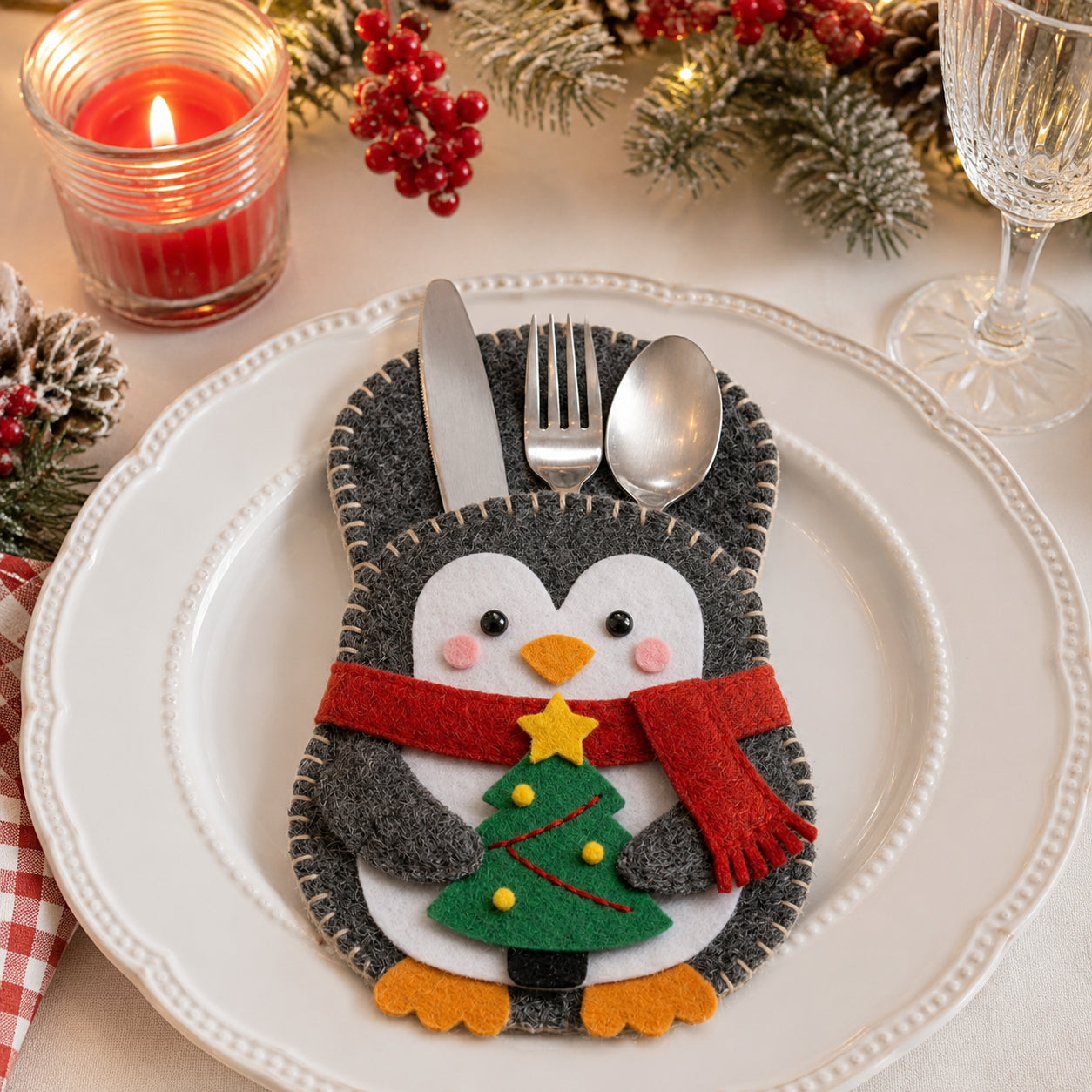 Penguin Felt Silverware Holder, Christmas Cutlery Pocket, Holiday Table Decor, Winter Place Setting, Christmas Gift Decor FELTCH30
