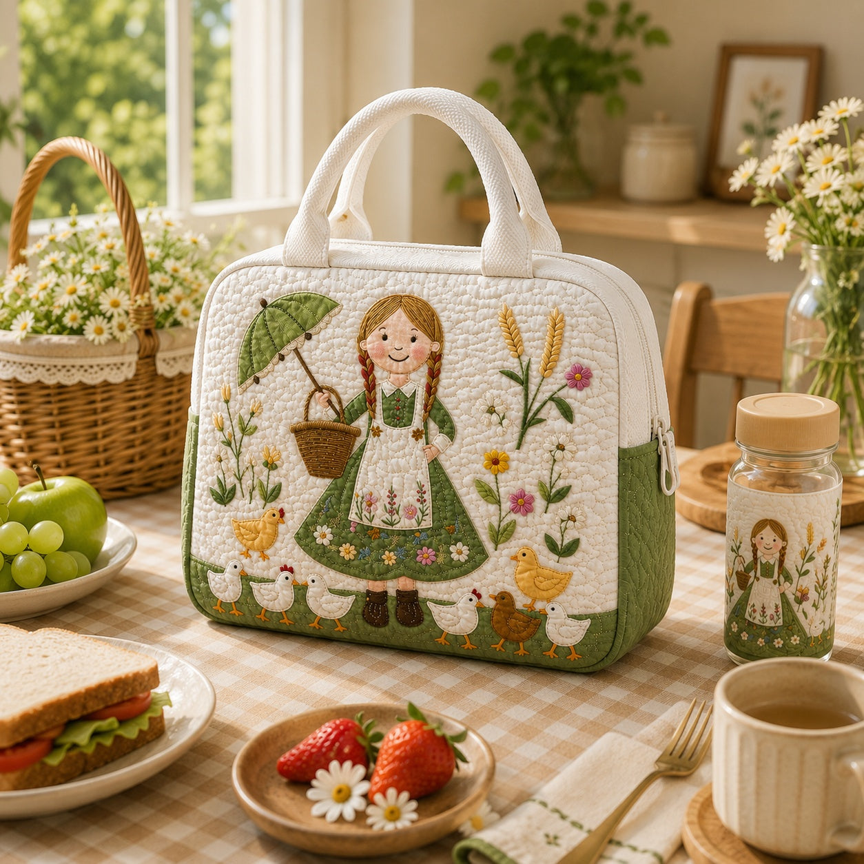 Farm Girl Quilted Lunch Bag, Insulated Quilted Lunch Tote, Farm Lunch Bag, Custom Lunch Bag, Back To School Bag, Picnic Bag, Reusable Lunch Tote QLB32
