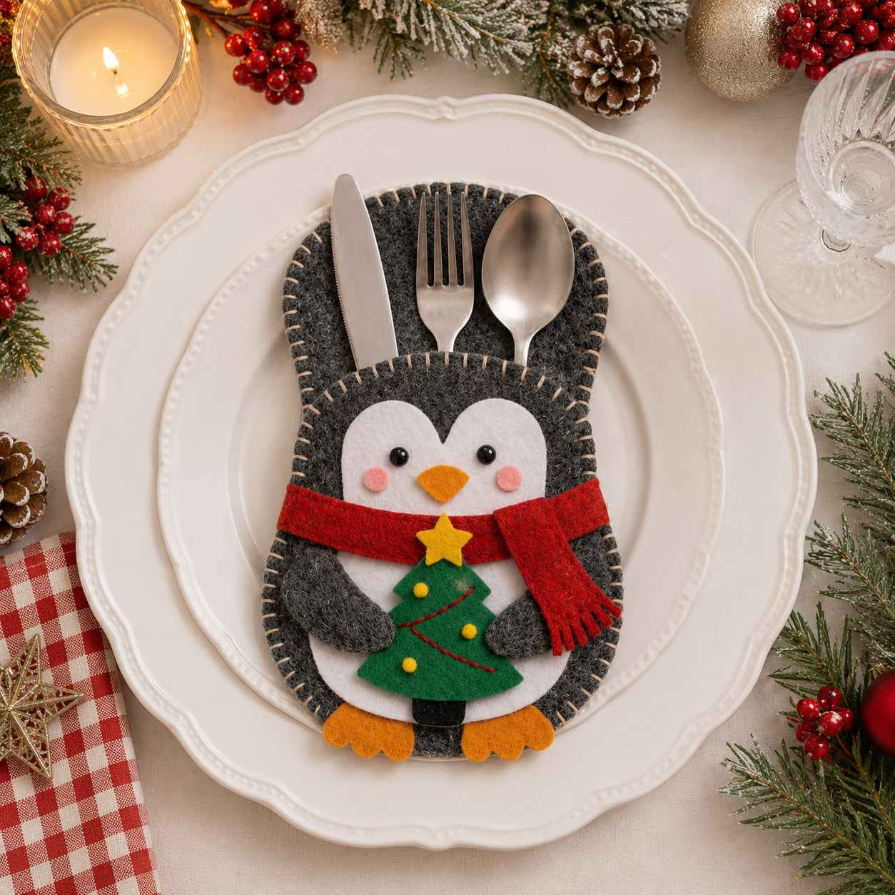 Penguin Felt Silverware Holder, Christmas Cutlery Pocket, Holiday Table Decor, Winter Place Setting, Christmas Gift Decor FELTCH30