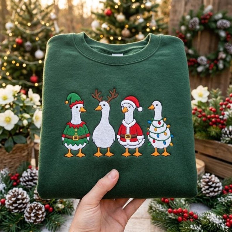 Embroidered Christmas Goose Sweatshirt, Funny Holiday Duck Crewneck, Santa Goose Shirt, Festive Winter Apparel, Xmas Animal Gift XMASS21