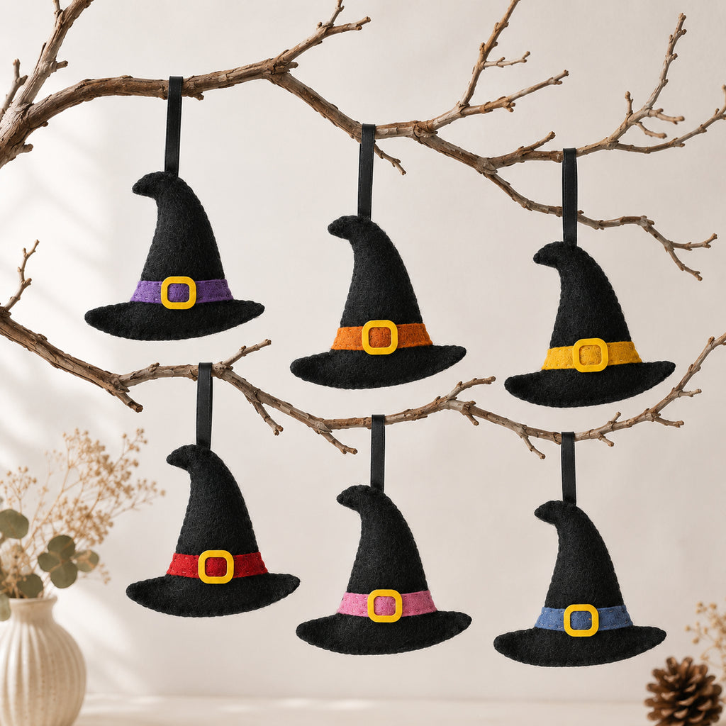 Set 6Pcs Halloween Witch Hat Felt Ornament Set, Mini Hanging Witch Hat Decorations, Colorful Halloween Tree Ornaments, Handmade Spooky Holiday Decor, Halloween Party Gift Set HFOR09