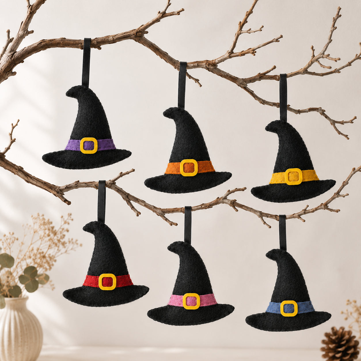 Set 6Pcs Halloween Witch Hat Felt Ornament Set, Mini Hanging Witch Hat Decorations, Colorful Halloween Tree Ornaments, Handmade Spooky Holiday Decor, Halloween Party Gift Set HFOR09