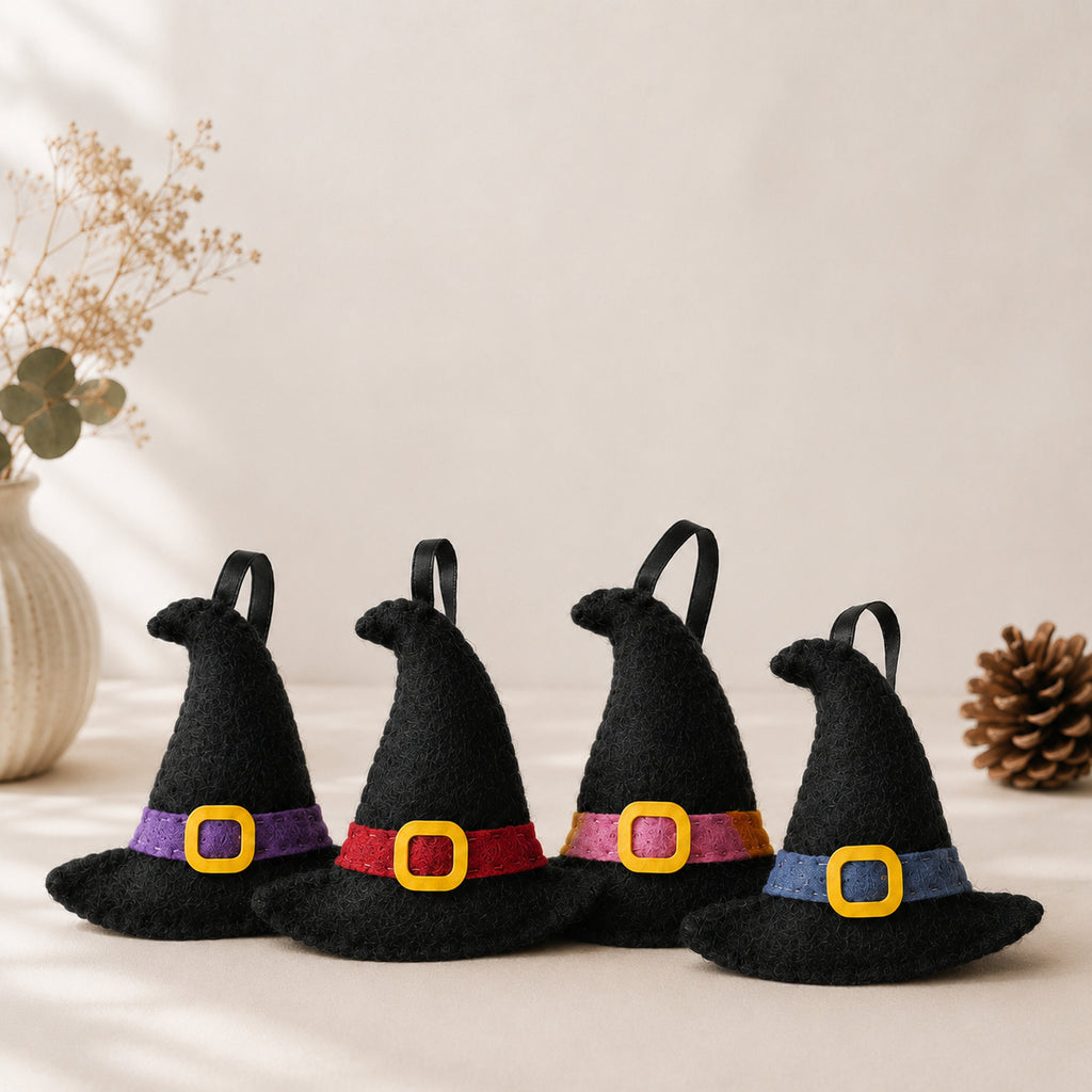 Set 6Pcs Halloween Witch Hat Felt Ornament Set, Mini Hanging Witch Hat Decorations, Colorful Halloween Tree Ornaments, Handmade Spooky Holiday Decor, Halloween Party Gift Set HFOR09