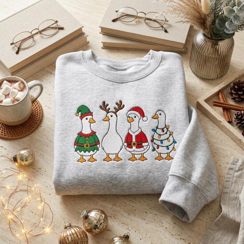 Embroidered Christmas Goose Sweatshirt, Funny Holiday Duck Crewneck, Santa Goose Shirt, Festive Winter Apparel, Xmas Animal Gift XMASS21