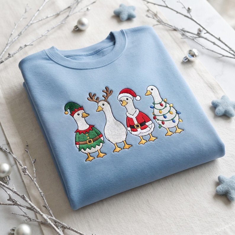 Embroidered Christmas Goose Sweatshirt, Funny Holiday Duck Crewneck, Santa Goose Shirt, Festive Winter Apparel, Xmas Animal Gift XMASS21