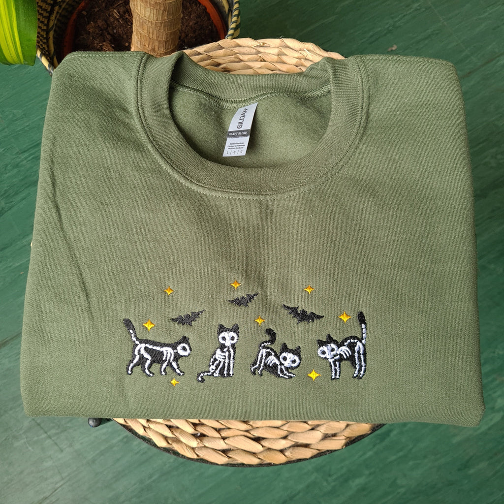 Embroidered Sweatshirt, Skeleton Cat Halloween Sweatshirt, Embroidered Black Cat Crewneck, Spooky Cat Sweatshirt, Halloween Pet Lover Gift