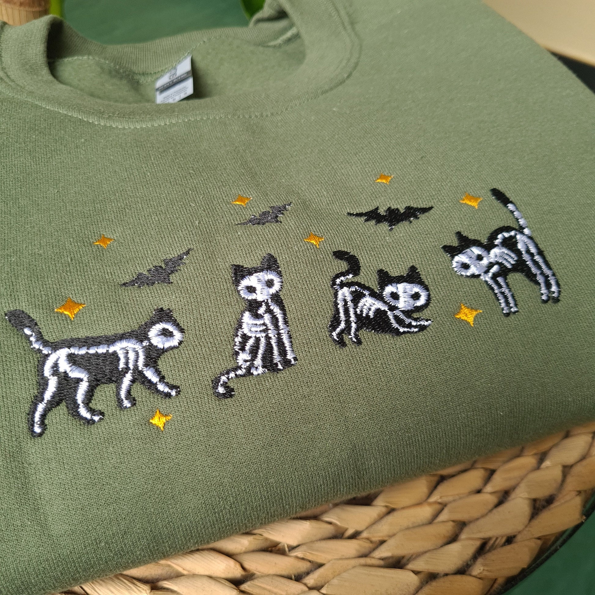 Embroidered Sweatshirt, Skeleton Cat Halloween Sweatshirt, Embroidered Black Cat Crewneck, Spooky Cat Sweatshirt, Halloween Pet Lover Gift