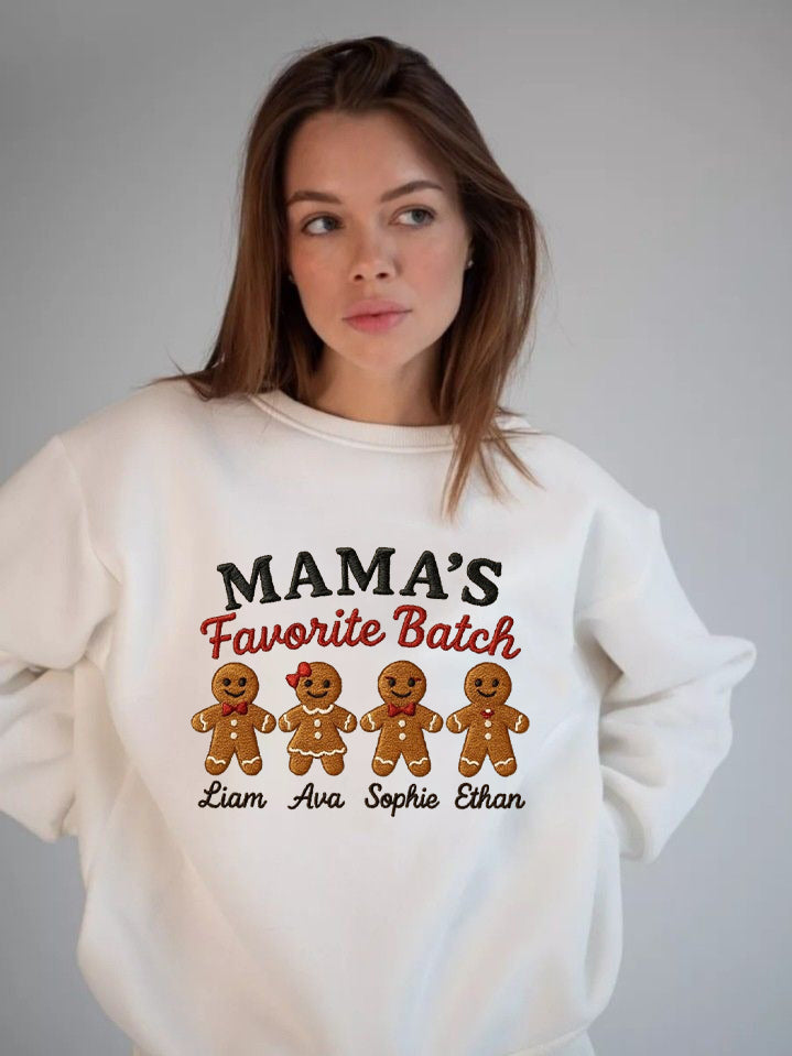 Mama’s Favorite Batch Sweatshirt, Custom Gingerbread Family Sweater, Personalized Kids Names Shirt, Christmas Gift for Mom