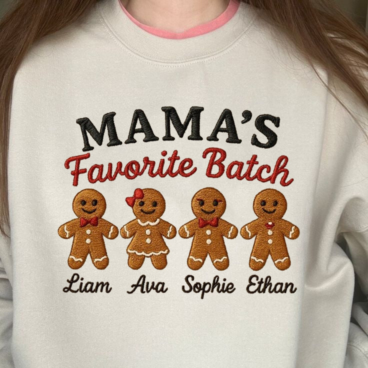 Mama’s Favorite Batch Sweatshirt, Custom Gingerbread Family Sweater, Personalized Kids Names Shirt, Christmas Gift for Mom