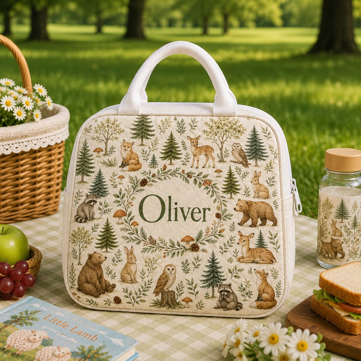 Forest Animal Quilted Lunch Bag, Insulated Quilted Lunch Tote, Woodland Lunch Bag, Custom Lunch Bag, Back To School Bag, Picnic Bag, Reusable Lunch Tote QLB33