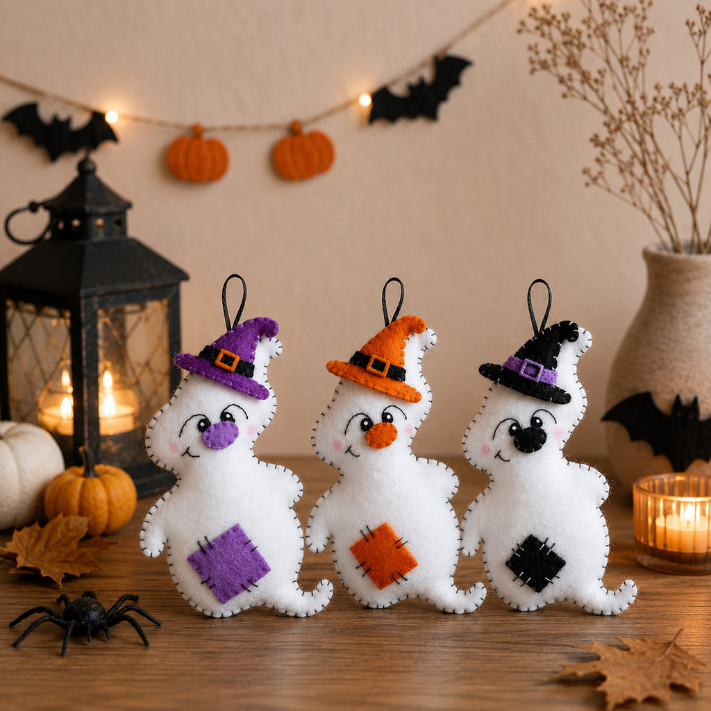 Set 3Pcs Halloween Ghost Witch Felt Ornament Set, Mini Hanging Witch Hat Decorations, Colorful Halloween Tree Ornaments, Handmade Spooky Holiday Decor, Halloween Party Gift Set HFOR27