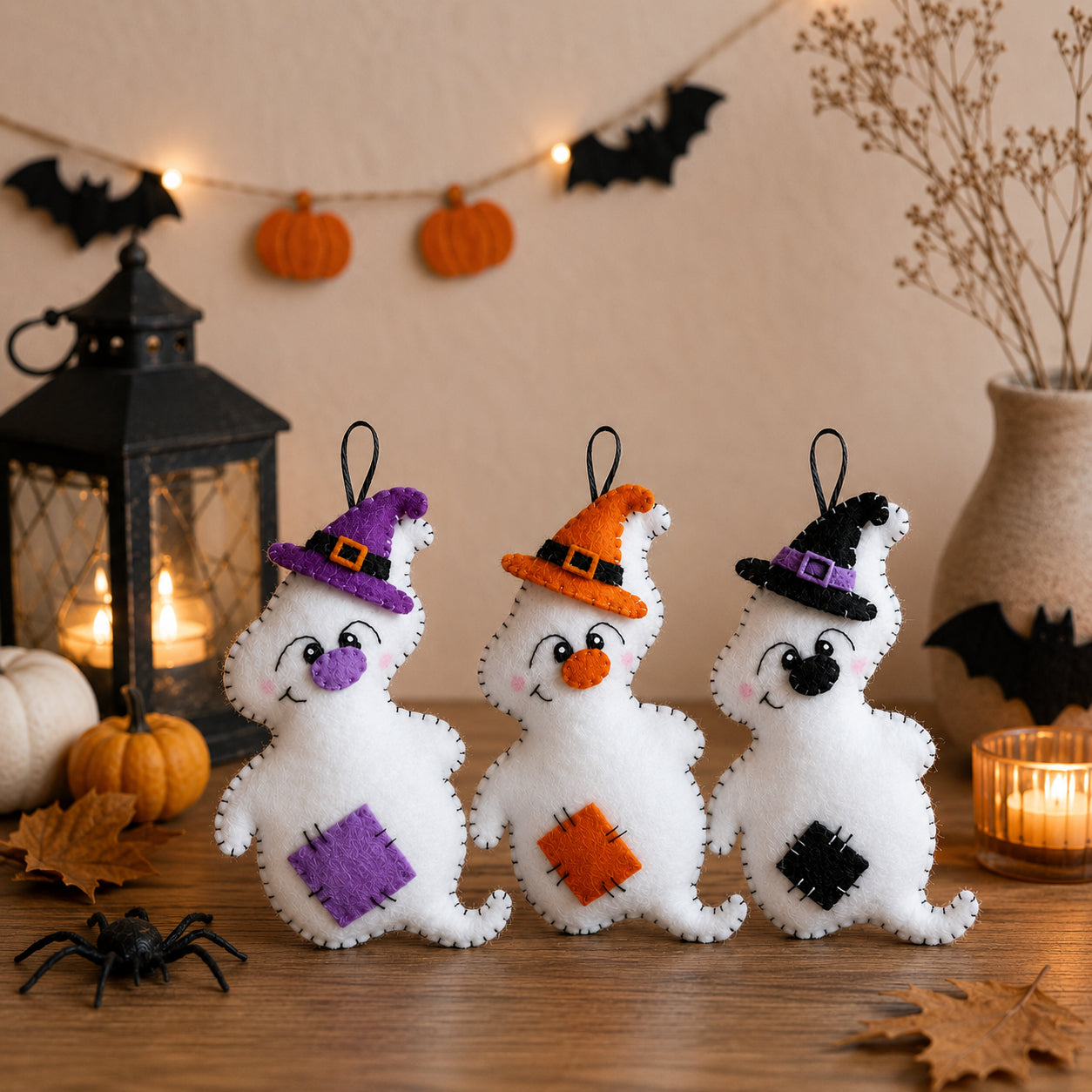 Set 3Pcs Halloween Ghost Witch Felt Ornament Set, Mini Hanging Witch Hat Decorations, Colorful Halloween Tree Ornaments, Handmade Spooky Holiday Decor, Halloween Party Gift Set HFOR27