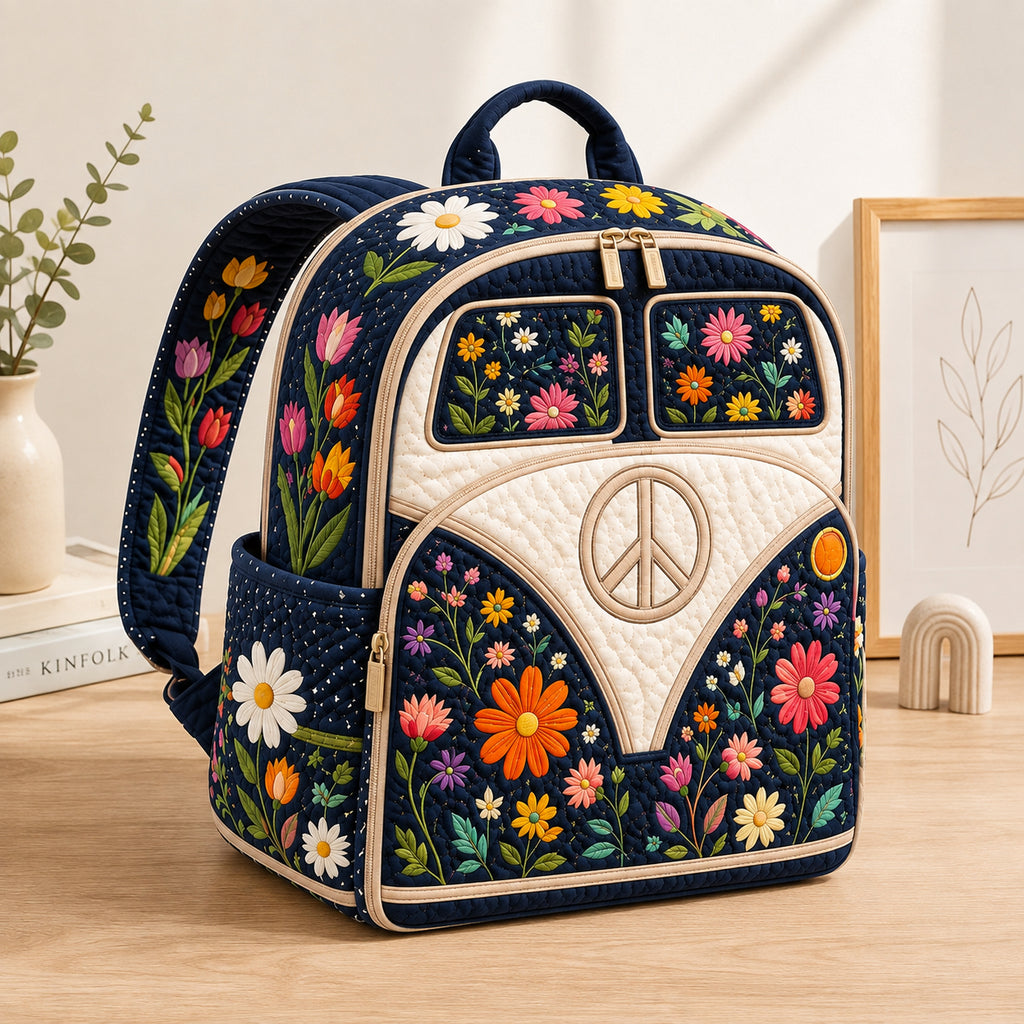 Camper Van Floral Quilted Backpack, Floral Backpack, Mini Travel Bag, School Bag, Back To School Backpack QBP16