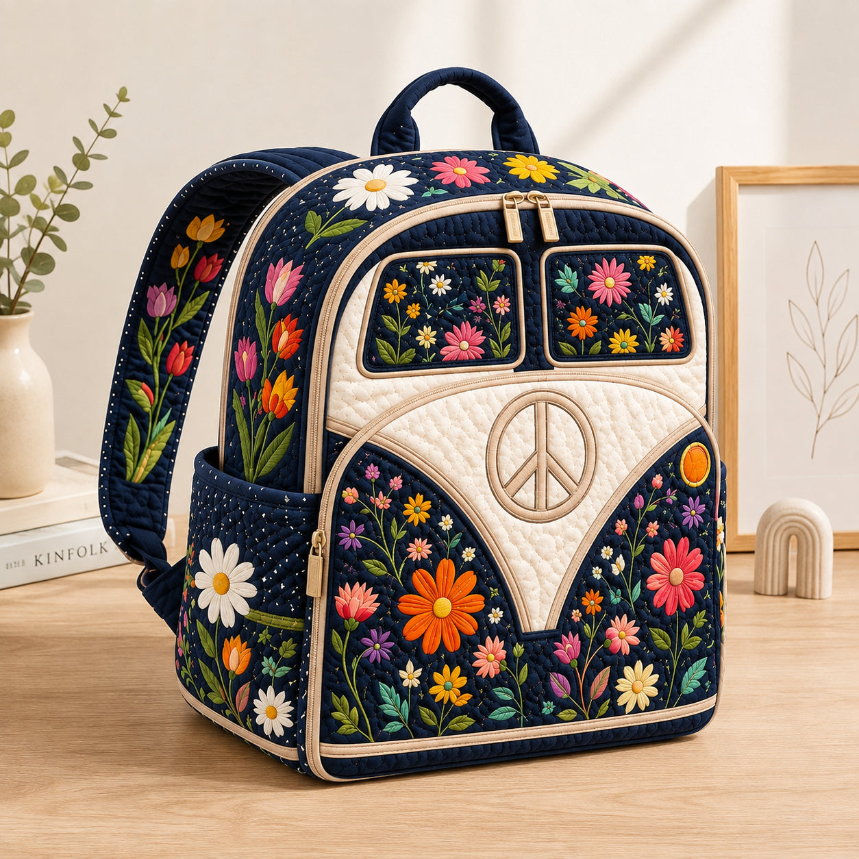 Camper Van Floral Quilted Backpack, Floral Backpack, Mini Travel Bag, School Bag, Back To School Backpack QBP16