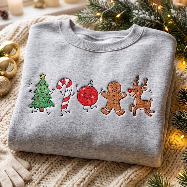 Embroidered Christmas Sweatshirt, Cute Christmas Tree Candy Cane Crewneck, Gingerbread Shirt, Reindeer Holiday Shirt XMASS22
