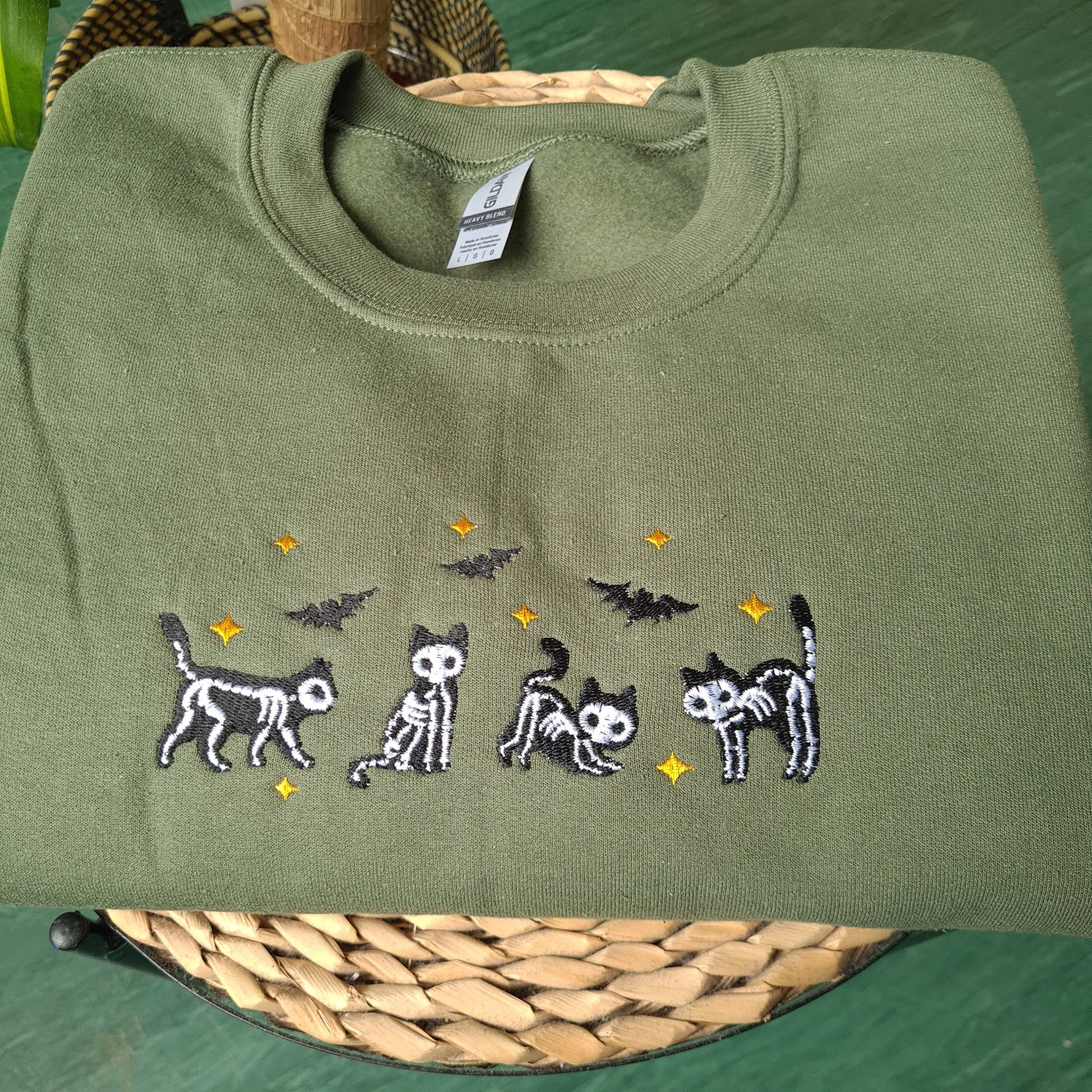 Embroidered Sweatshirt, Skeleton Cat Halloween Sweatshirt, Embroidered Black Cat Crewneck, Spooky Cat Sweatshirt, Halloween Pet Lover Gift