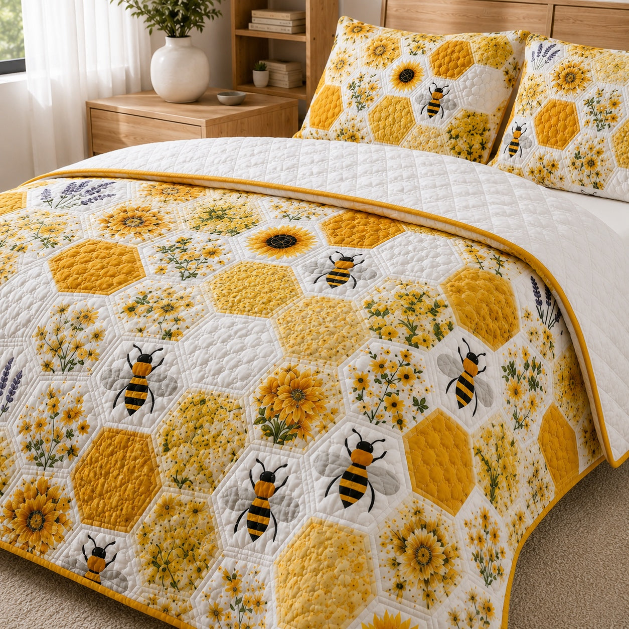 Bee Patchwork Quilted Bedding Set, Bee Quilt with Pillow Covers, Retro Bedroom Decor QBEDSET30