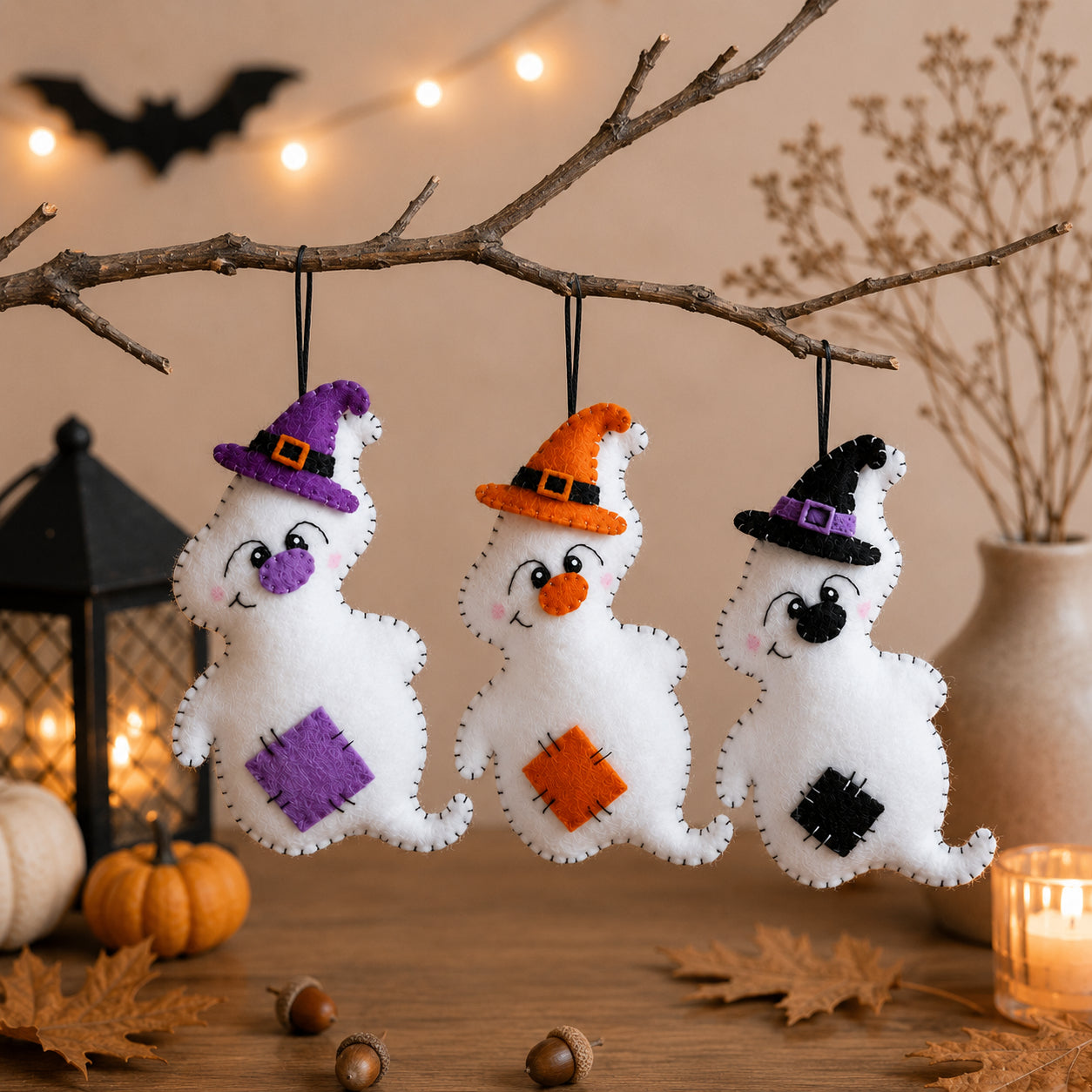 Set 3Pcs Halloween Ghost Witch Felt Ornament Set, Mini Hanging Witch Hat Decorations, Colorful Halloween Tree Ornaments, Handmade Spooky Holiday Decor, Halloween Party Gift Set HFOR27