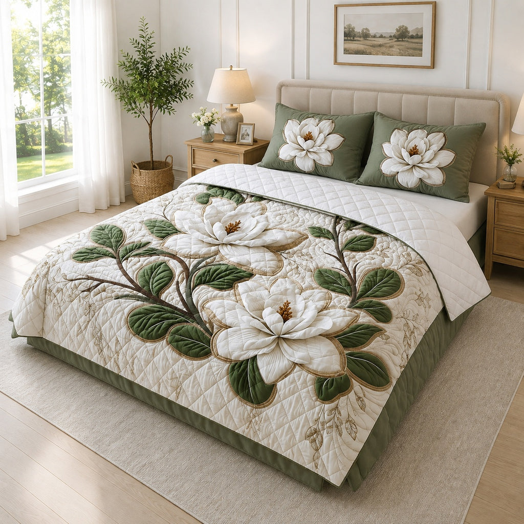 Magnolia Garden Quilted Bedding Set, Elegant Floral Blanket, Quilt with Pillow Covers, Bedroom Decor QBEDSET57