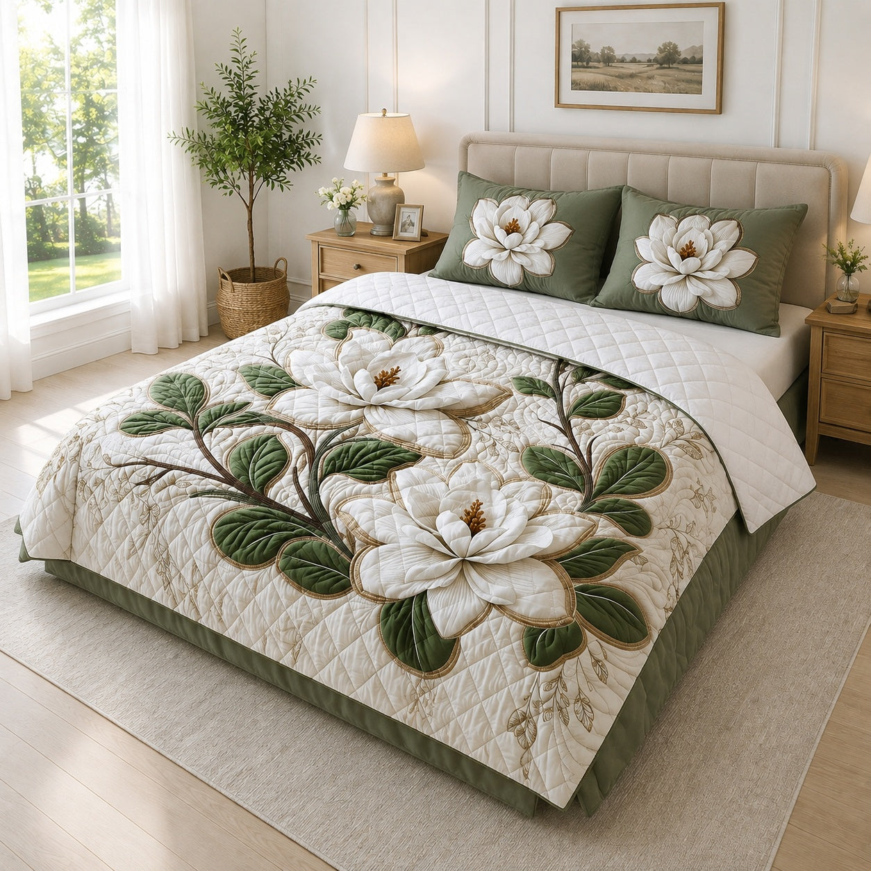 Magnolia Garden Quilted Bedding Set, Elegant Floral Blanket, Quilt with Pillow Covers, Bedroom Decor QBEDSET57