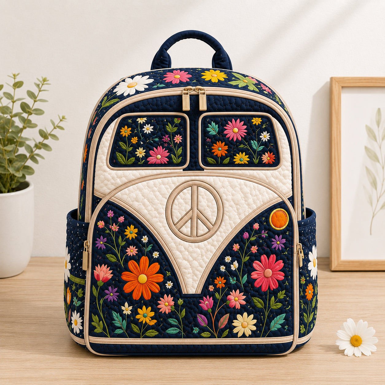 Camper Van Floral Quilted Backpack, Floral Backpack, Mini Travel Bag, School Bag, Back To School Backpack QBP16
