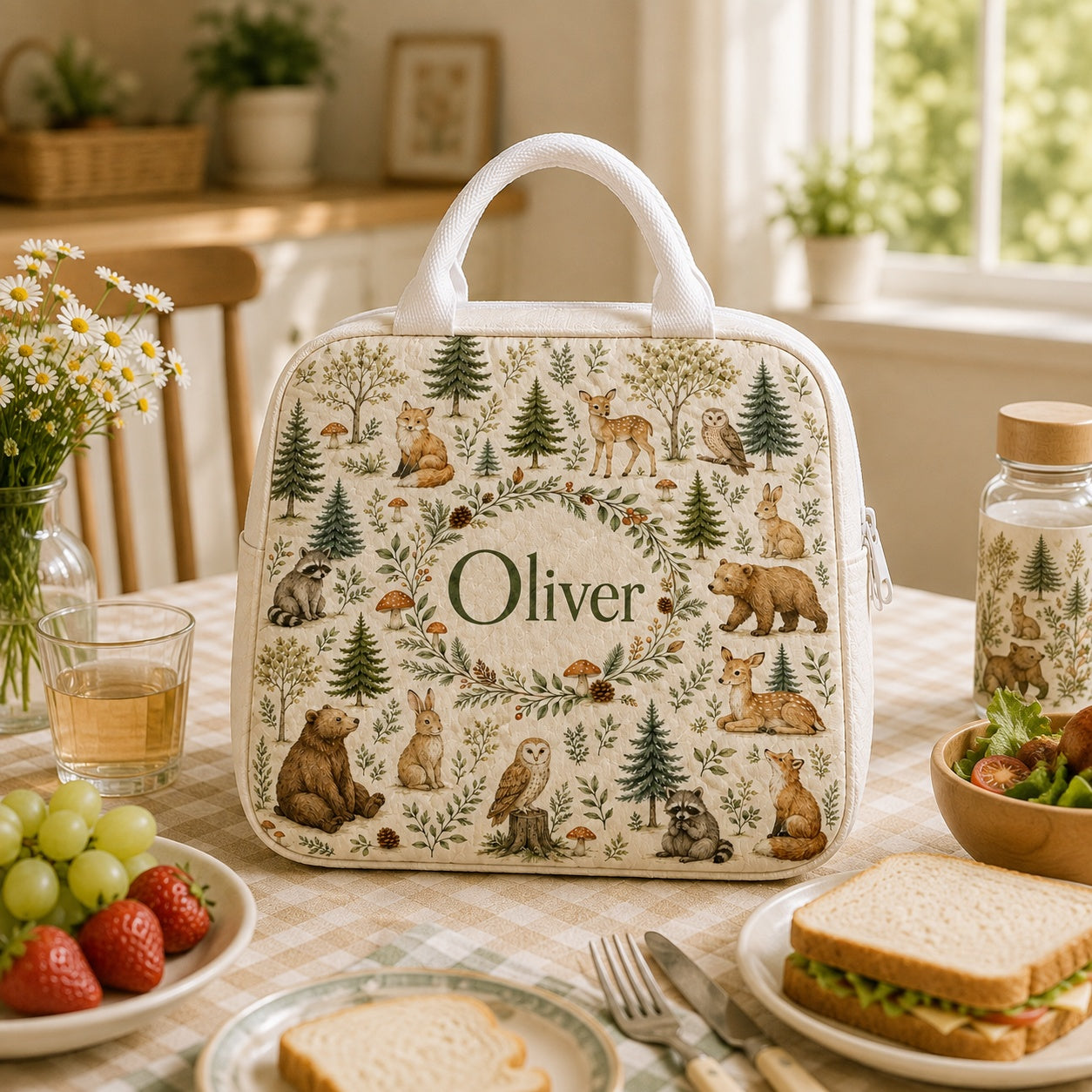Forest Animal Quilted Lunch Bag, Insulated Quilted Lunch Tote, Woodland Lunch Bag, Custom Lunch Bag, Back To School Bag, Picnic Bag, Reusable Lunch Tote QLB33