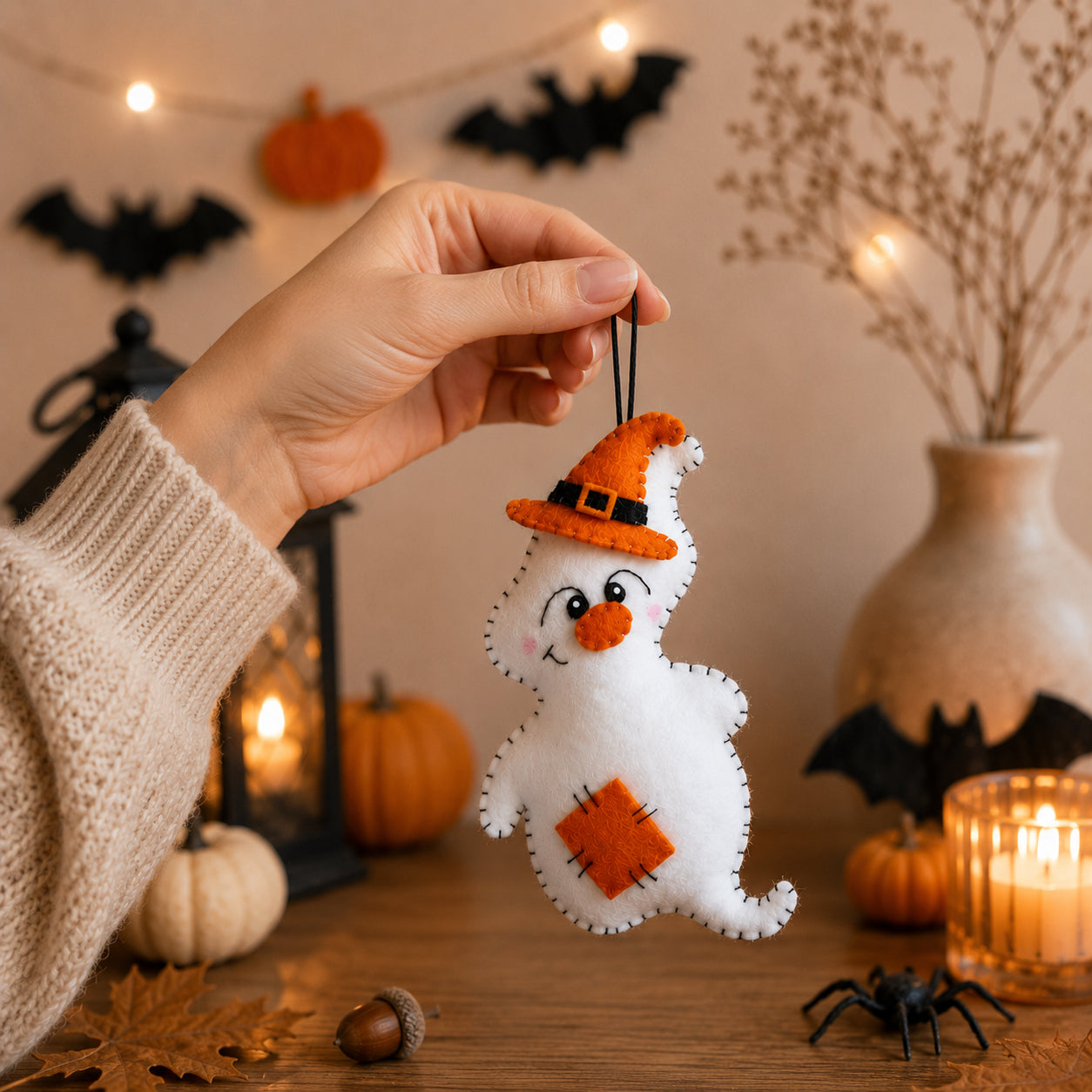 Set 3Pcs Halloween Ghost Witch Felt Ornament Set, Mini Hanging Witch Hat Decorations, Colorful Halloween Tree Ornaments, Handmade Spooky Holiday Decor, Halloween Party Gift Set HFOR27